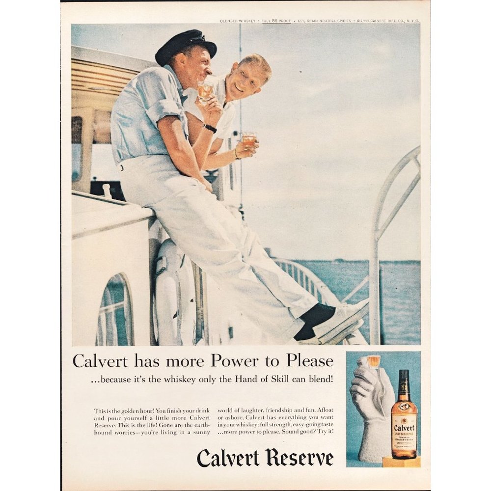 1959 Calvert Reserve Whiskey Vintage Print Ad Sailing Yacht Boat Lake Wall Art